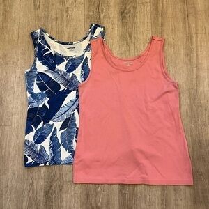 Bundle of Two Lands’ End Tank Tops Pink and Blue Tropical Leaf Pattern Small